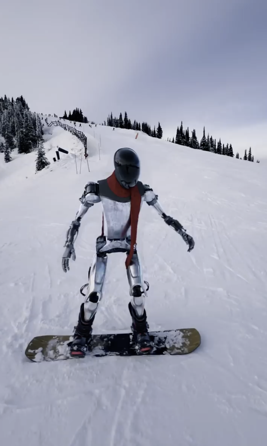 Tesla Robot learns to Snowboard (VIDEO)